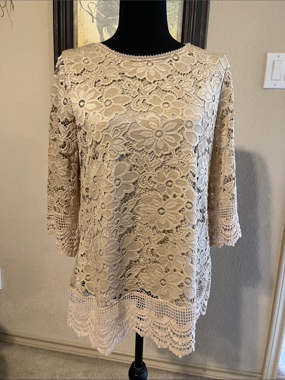 Lace Crochet Tunic Top in Cream - Women's Elegant Layering Blouse